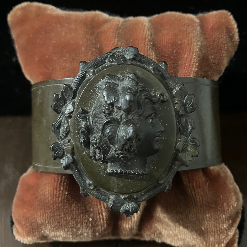 Rare Antique Victorian Mourning Vulcanite Bacchante Cameo Wide Cuff Bracelet
